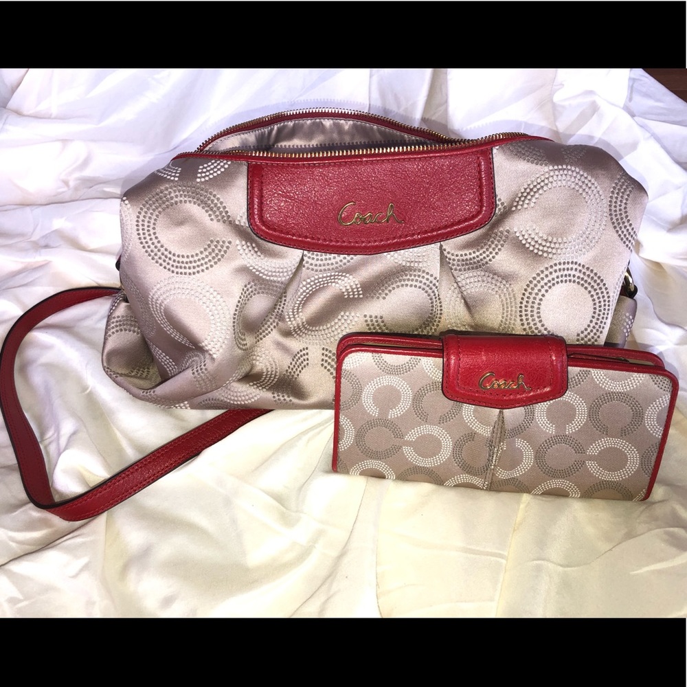 red and beige wallet and purse set